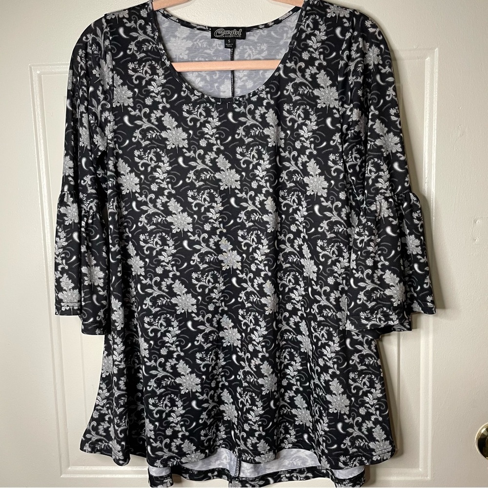 Cowgirl Hardware Women's S Top 3/4 Bell Sleeve Western Black Gray Floral Pockets